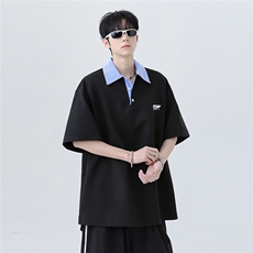 翻领假两件拼接条纹潮牌痞帅炸街少年感短袖POLO衫T603-P48，男装Polo衫，电商C307