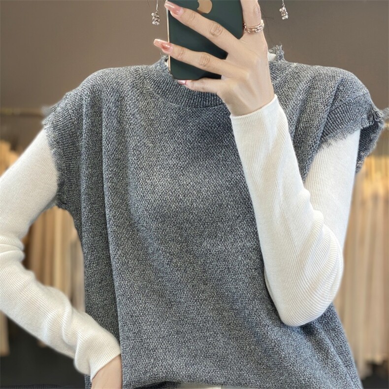 春秋精纺羊毛圆领花纱须须马甲女宽松百搭背心纯色无袖针织衫上衣图片
