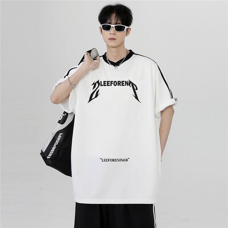 美式复古百搭休闲黑白拼接条杠小众潮牌短袖T恤上衣T恤T375-P38，男装Polo衫，电商C307