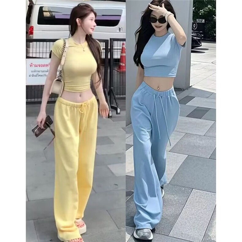 2025时尚辣妹修身短袖阔腿长裤两件套装女宽松显瘦百搭短袖T恤,男装T恤,星座1210-1