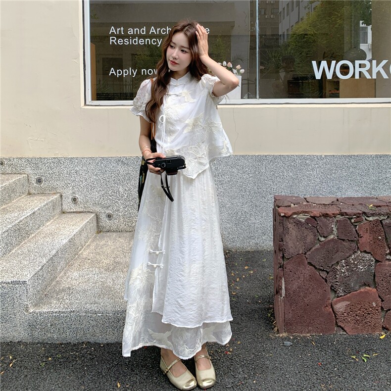 新中式国风复古绣花衬衫半身裙两件套女2025夏季新款气质时尚套装,女装套装/套裙,2C375