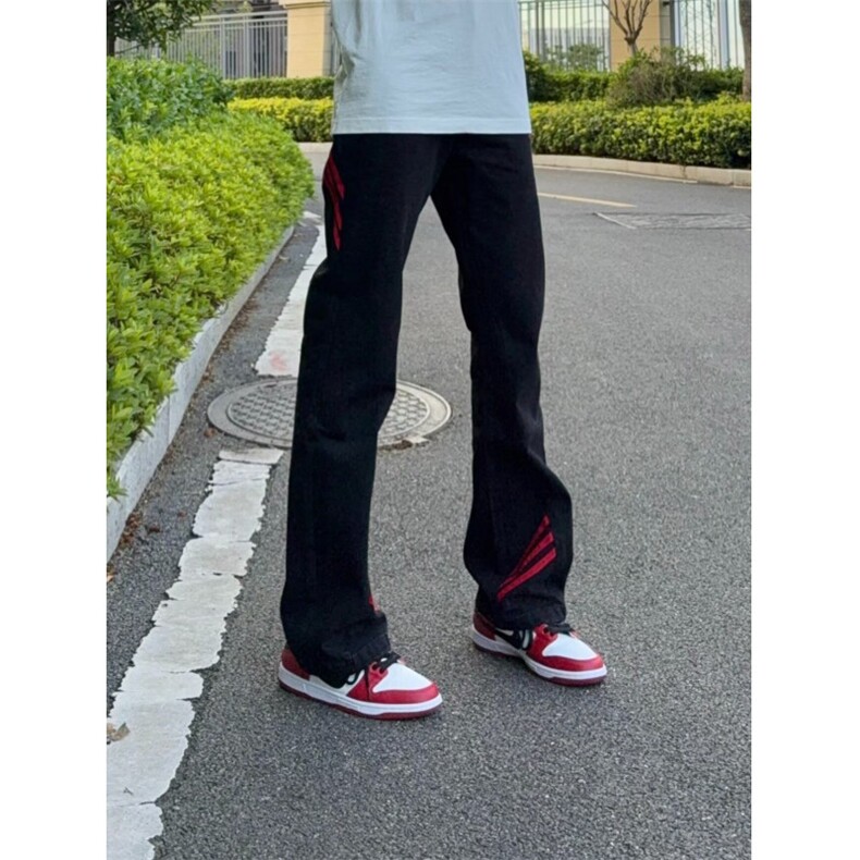 26@斜杠三条纹红黑撞色拼接休闲长裤子直筒牛仔裤K71306-P36网图，男装牛仔裤，电商B245