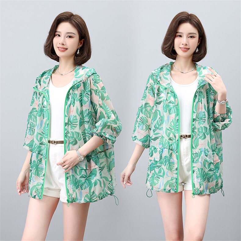 连帽印花中长防晒衫女宽松2026夏季新款松紧腰长袖薄款外套空调衫，女装防晒衣，板酷