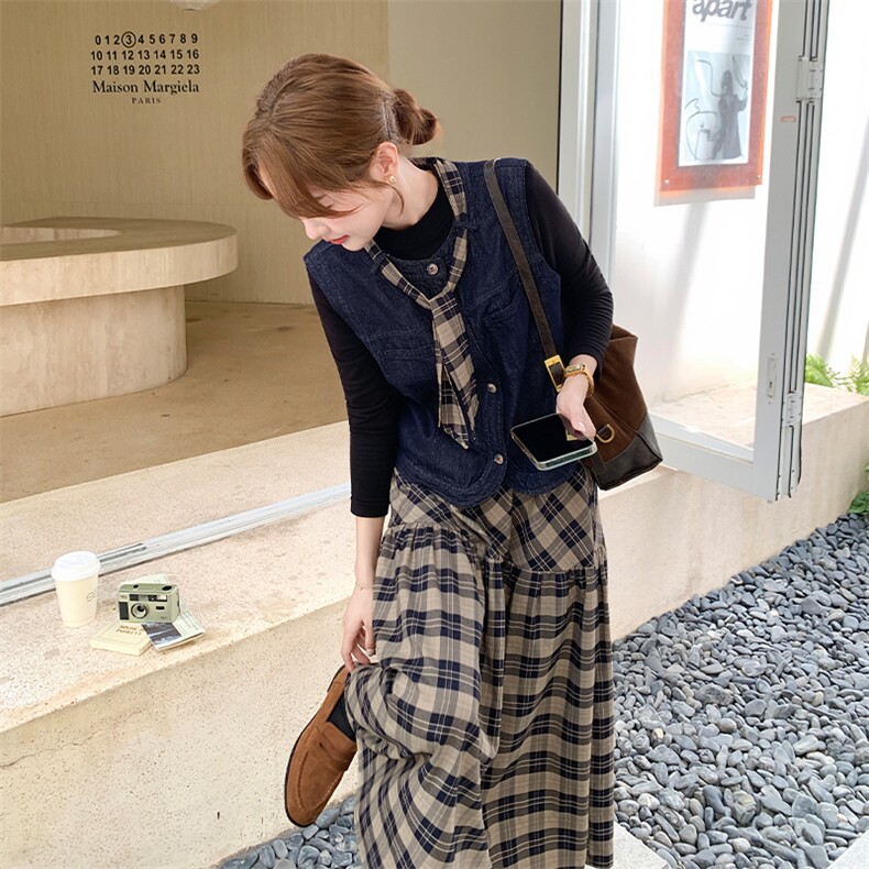 新款牛仔马甲格子半裙套装746-P165-K238,女装套装/套裙,2C108