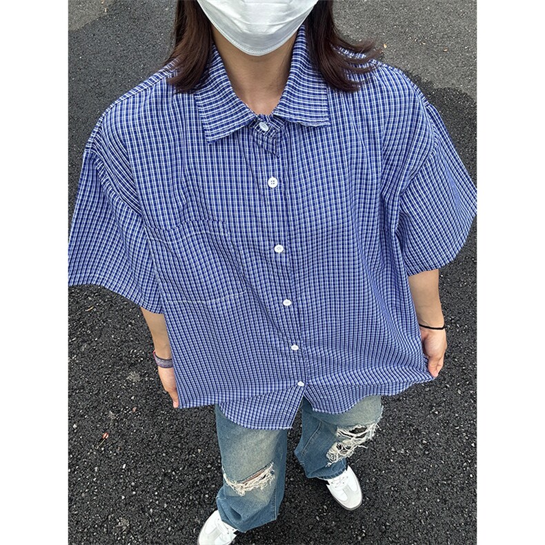 格子衬衫春夏美式短袖衬衫港风情侣装休闲衬衣CS286-P30,男装衬衫,星座301C-5