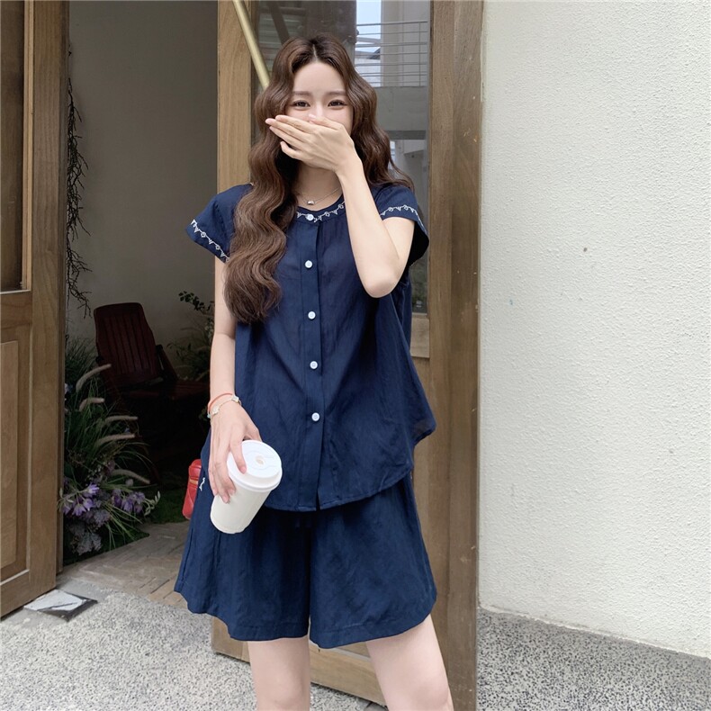 圆领短袖刺绣上衣+短裤套装女2025夏季时尚宽松休闲天丝套装巧着,女装套装/套裙,2C375
