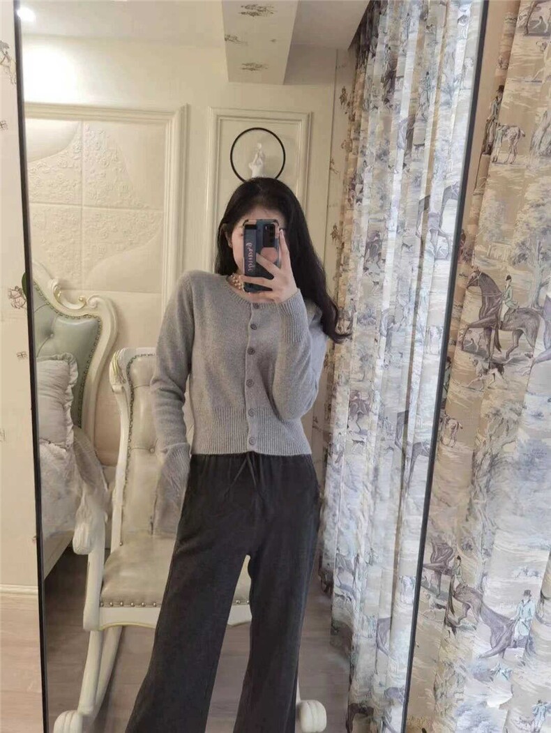 春秋法式复古开衫女收腰短款显瘦灰色毛衣小个子长袖针织外套,针织衫/毛衣,德聚羊绒