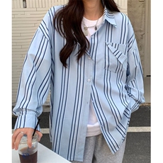 蓝色条纹衬衫女春季设计感小众韩版休闲长袖衬衣CV251，男装衬衫，星座1116A（原606A-3）