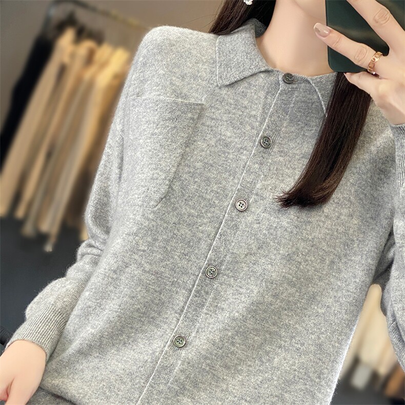春秋精仿羊毛长袖翻领套头毛衣女宽松薄款polo领羊绒针织打底外套,女装羊毛衫,蒙莲贝斯