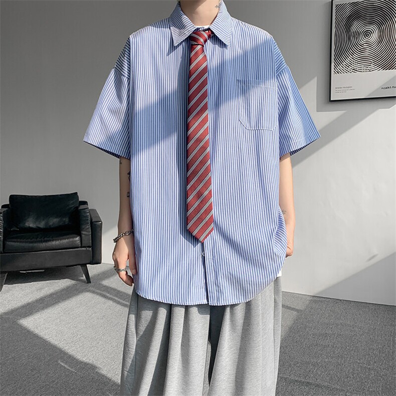 8XL-M条纹短袖衬衫男夏季宽松慵懒风痞帅大码衬衣外套DC28001P40,男装衬衫,电商B312