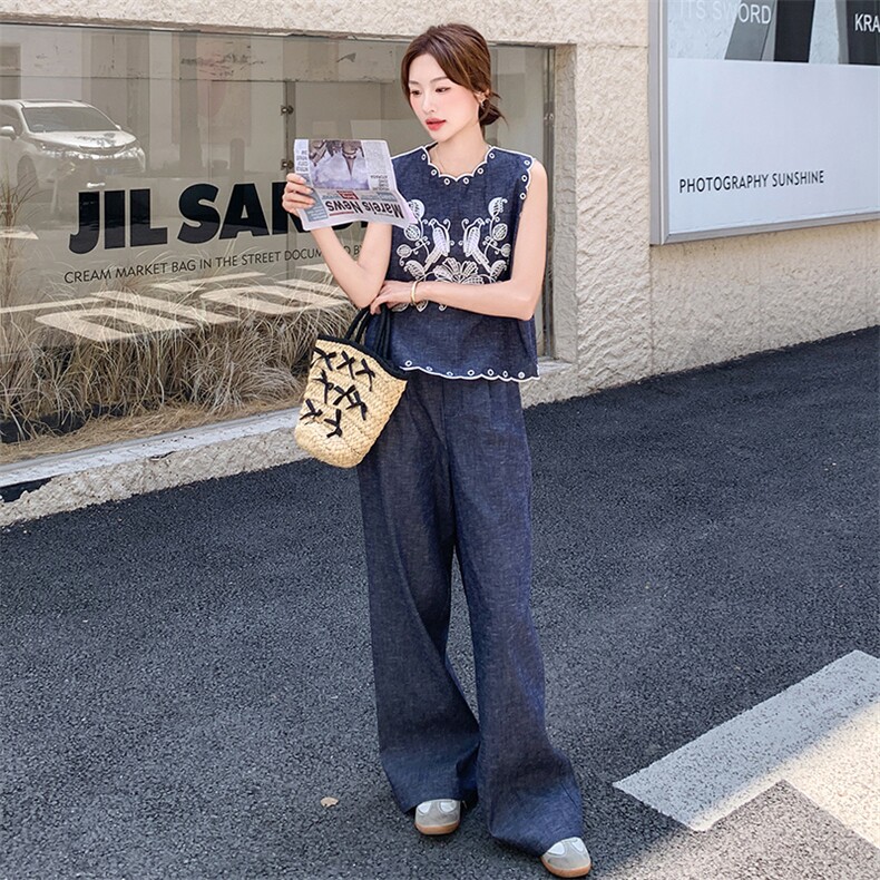 民族风穿搭藏蓝色无袖套装女夏超火好看高级感刺绣马甲长裤两件套,女装套装/套裙,2C255