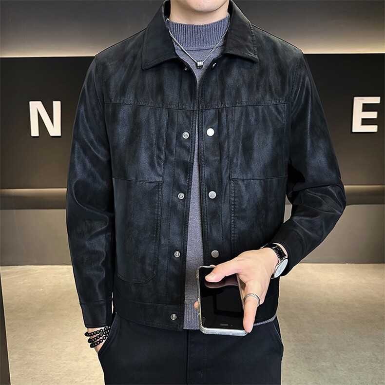 25883-M一4XL-P145店主风秋季新款男士翻领简约百搭纯色皮衣外套图片