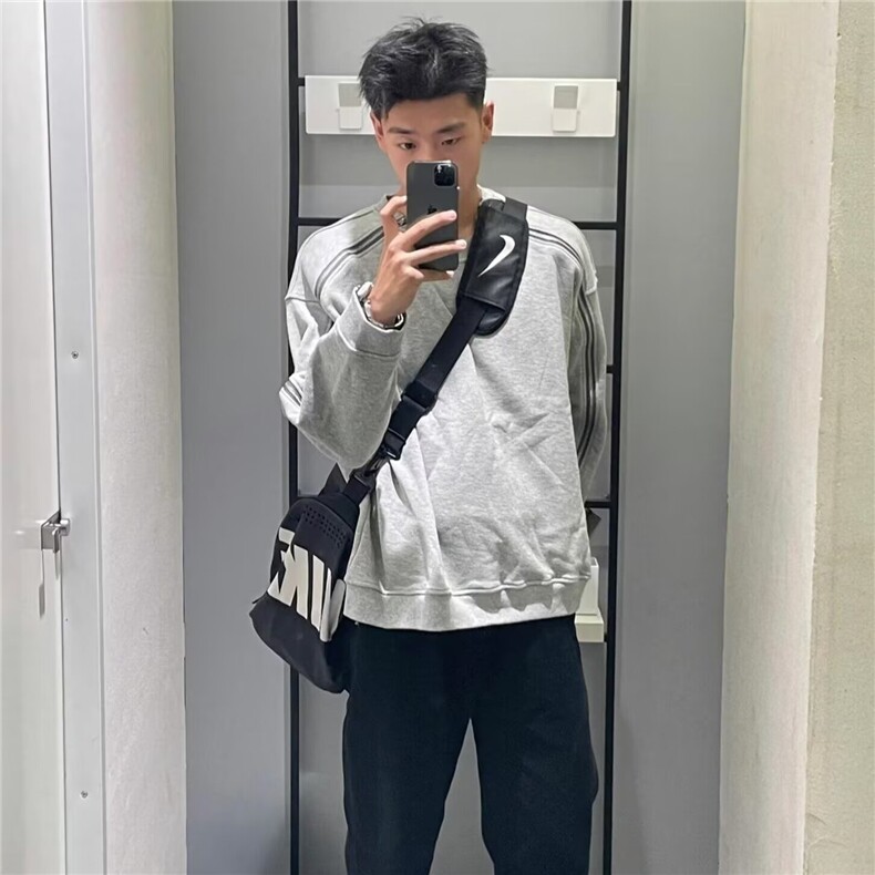 GW16-P38美式双拉链拼接卫衣男灰色高街休闲圆领廓形落肩袖重磅,男装T恤,电商B323A