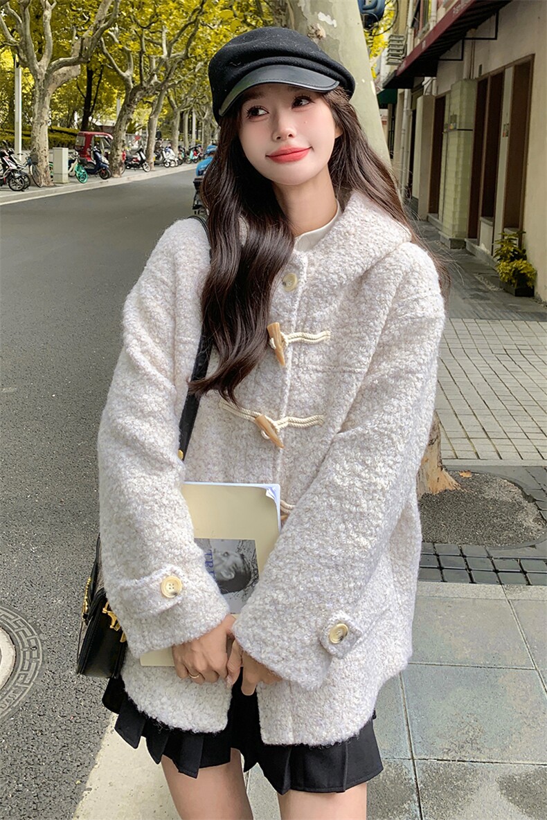 【新款】现货毛呢羊毛牛角扣中长款含羊毛55%,女装毛呢外套,浙宝192（原082）