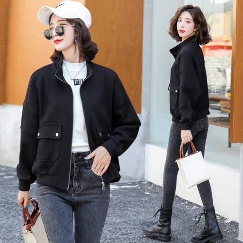 白色夹克短外套女2023春秋新款宽松休闲洋气百搭工装卫衣开衫上衣,女装短外套,辉之琳