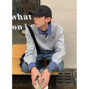 春秋小众设计感格子翻领拼接假两件POLO衫男宽松长袖上衣 W07图片