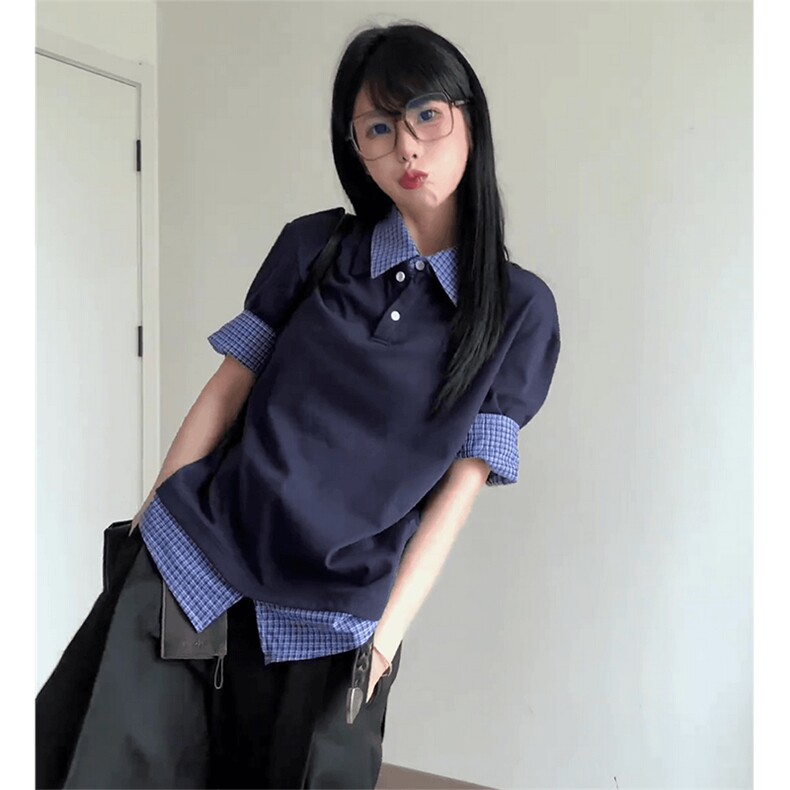 得物抖音高品质二开夏季美式潮牌高街假两件格子衬衣翻领短袖T恤,男装T恤,电商A486