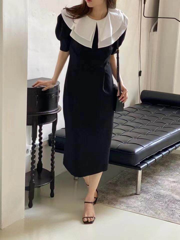 【DAVIDA】法式优雅拼色大翻领连衣裙，女装连衣裙，DAVIDA