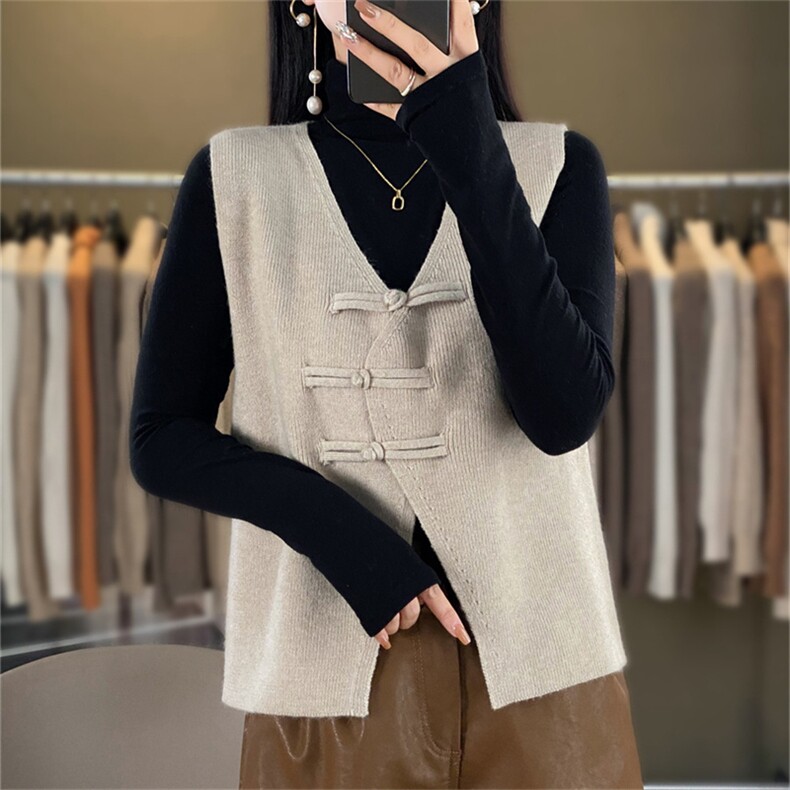 中式盘扣针织马甲女背心宽松别致开衫外搭上衣短外套无袖叠穿坎肩，女装马甲，暖姿羊绒