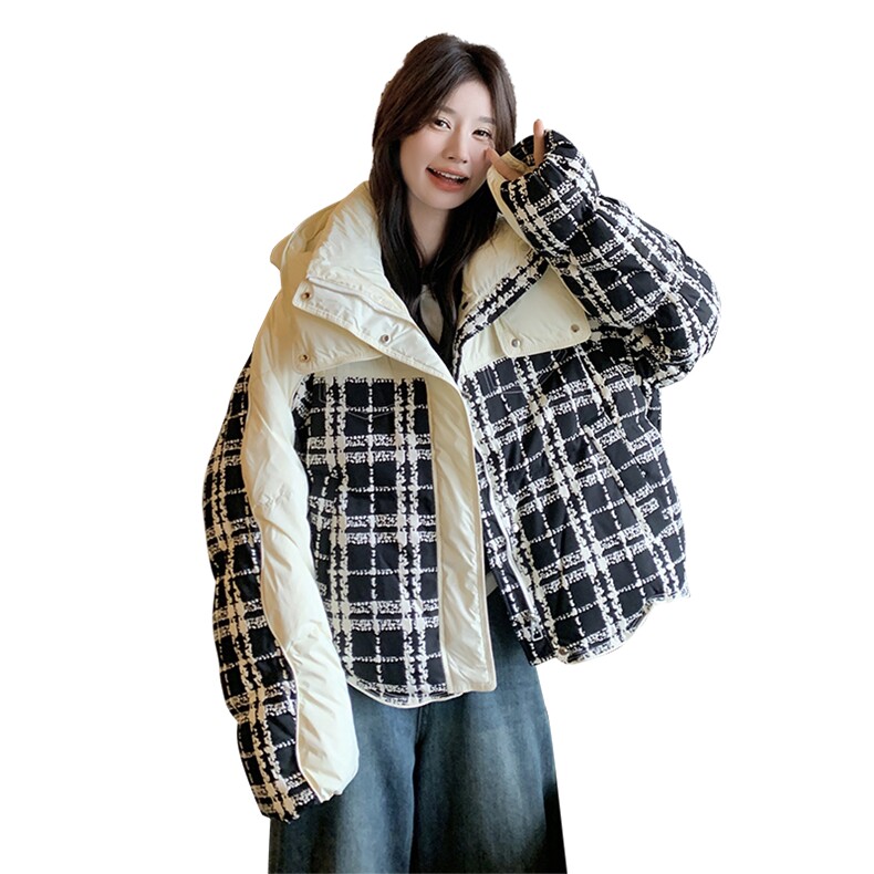 时尚黑白格子拼接连帽加厚短款羽绒服女2024冬新款学院风显瘦外套,女装羽绒服,橙子家