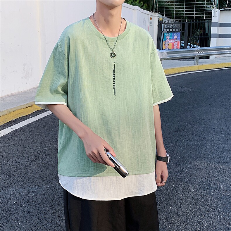 夏季新款港风假两件T恤时尚百搭冰丝圆领T恤BS3101-40,男装T恤,星座717