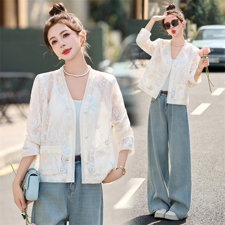 新中式欧根纱重工刺绣外套女2025春季V领开衫小香风短款蕾丝上衣，女装短外套，伊仟回
