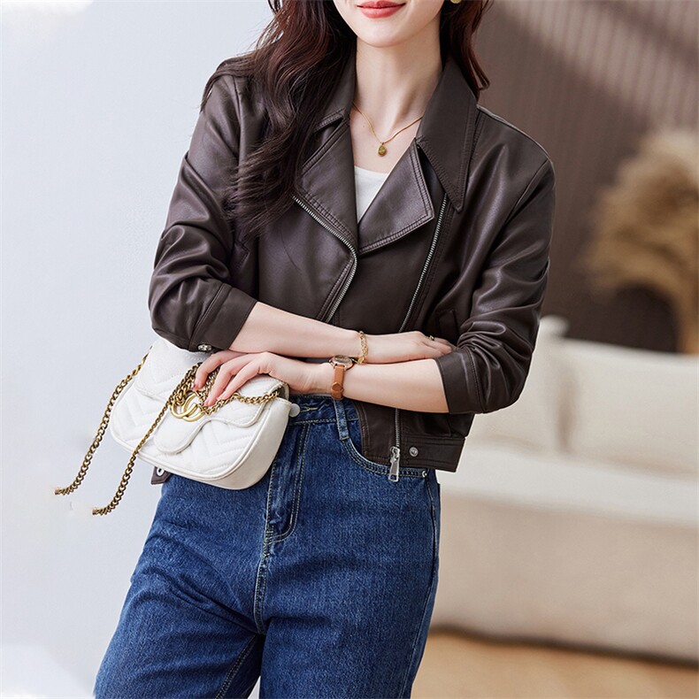 皮衣外套女春秋短款夹克k2023春秋装新款韩版宽松复古港风上衣,女装皮衣,江南女神
