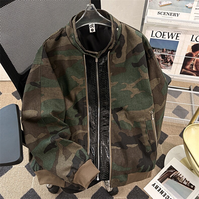 得物品质秋款男迷彩立领夹克衫皮拼接宽松外套JK034P85,男装夹克,星座1013-1