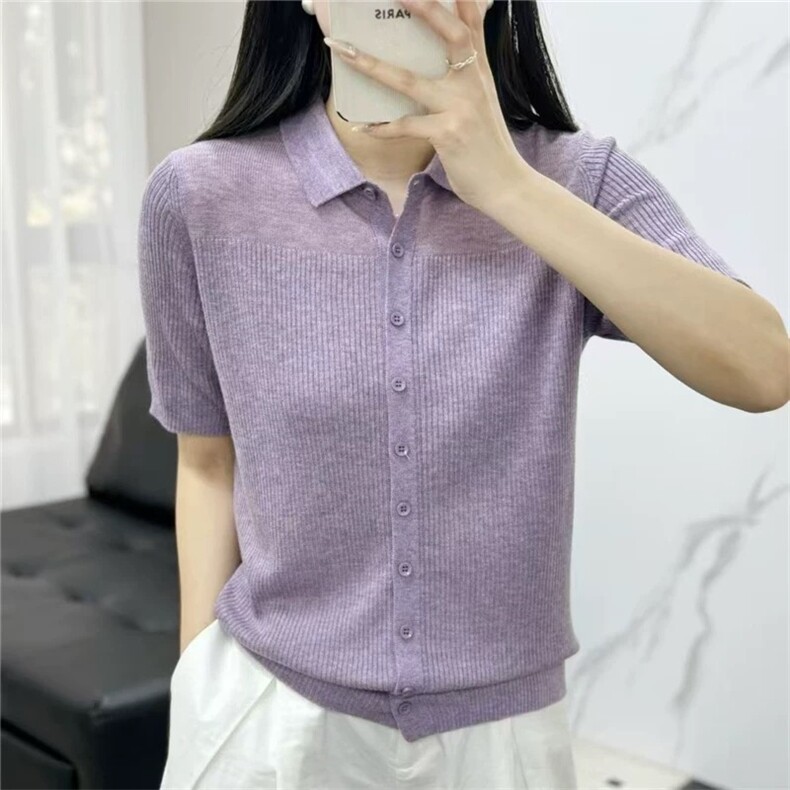 POLO翻领短袖针织衫女2025春季新款开衫短款上衣T恤细羊毛单排扣,女装T恤,艾米娇羊绒