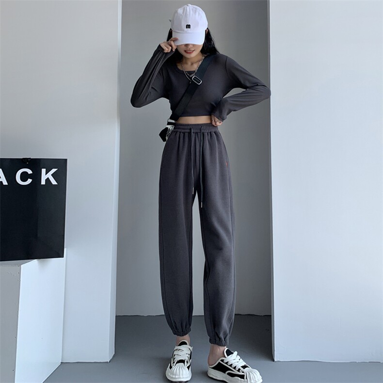 运动裤女2023新款灰色束脚卫裤小个子春秋休闲裤灯笼裤子,女装休闲裤,梦白服饰厂