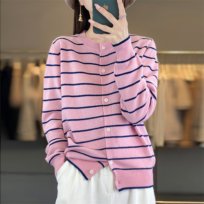 女士秋冬新款百搭简约时尚条纹圆领羊毛开衫,女装羊毛衫,悦玛羊绒