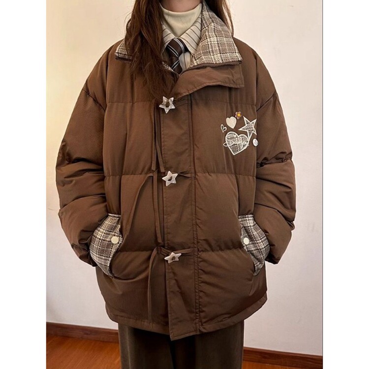 学院风时尚减龄星星盘扣拼接设计格纹棉服女冬季甜美加厚保暖棉衣图片