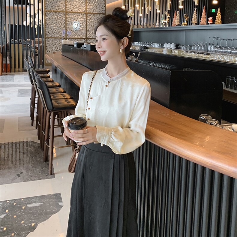 新中式轻风斜襟上衣缎面衬衣女款春秋古风立领衬衫女,女装衬衫,秀美人生