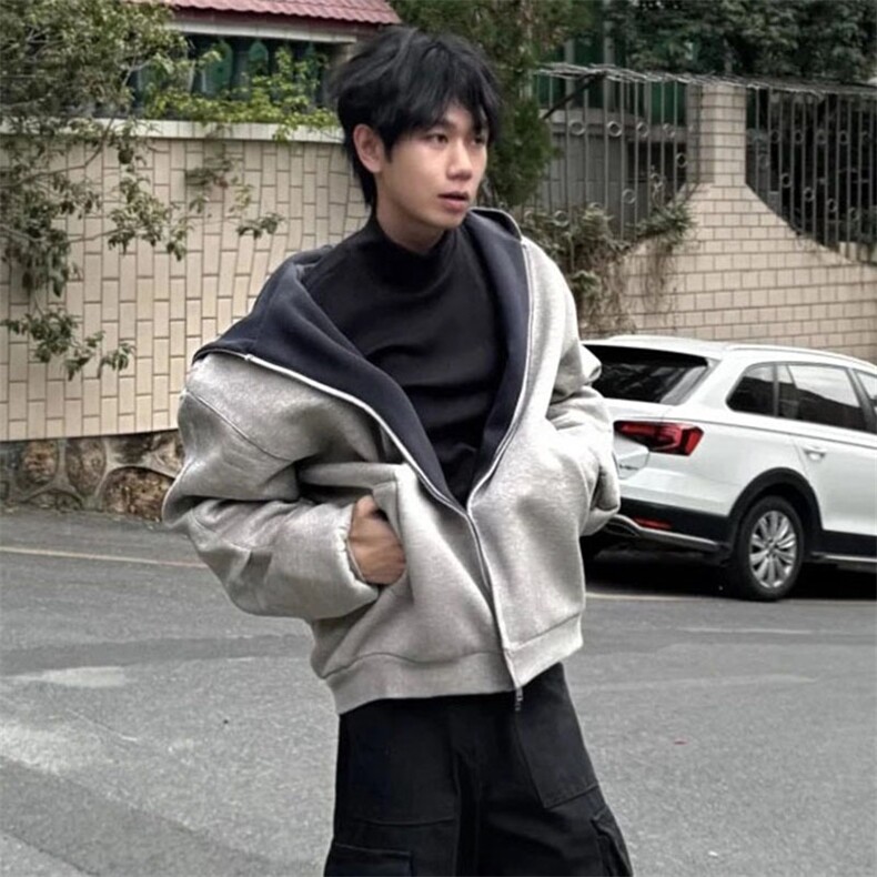 抖音得物高品质二开25秋冬美式重磅宽松结构双面连帽卫衣外套W68,男装卫衣,电商A486