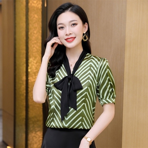 欧货条纹真丝衬衫女2022春新款蝴蝶结法式桑蚕丝大牌上衣欧货小图片