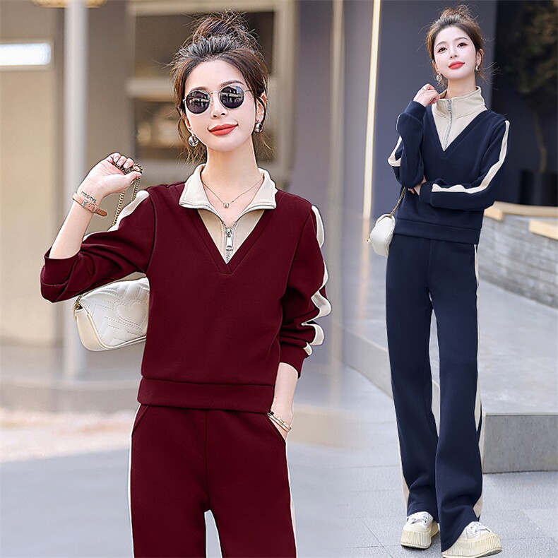 春秋新款时尚气质假两件套女立领卫衣修身显瘦侧条纹休闲运动套装，女装套装/套裙，梦依杭