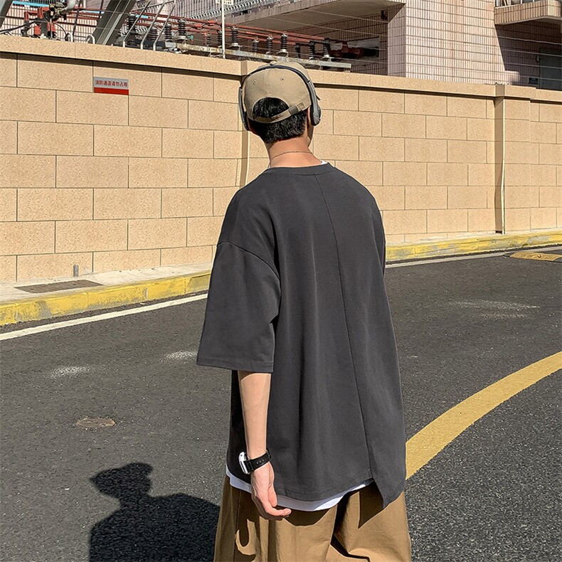 休闲五分袖潮流不规则上衣港风文艺设计拼接感T桖HY30TP35控48,男装T恤,电商A102B