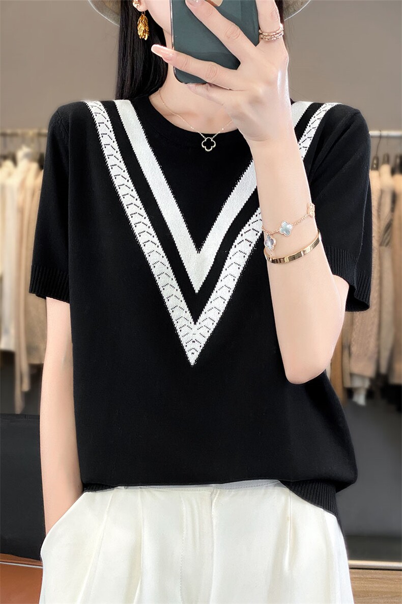 时尚V领拼色短袖冰丝针织衫显瘦百搭夏季新款女装上衣,针织衫/毛衣,萱芳婷羊绒