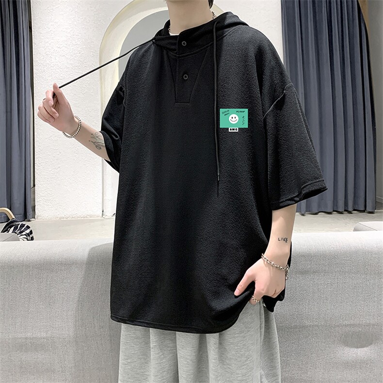 LD54264-P45连帽短袖t恤男大码胖子带帽五分袖中袖大皂风，男装T恤，电商A040