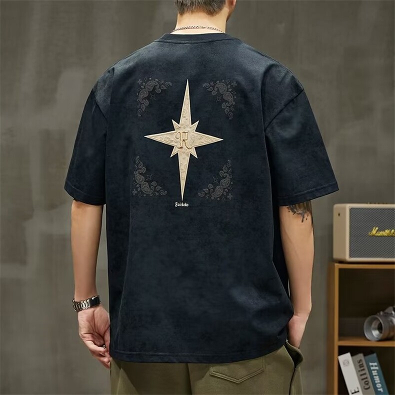 美式复古潮牌短袖T恤男士夏季薄款高密针织宽松百搭刺绣半袖体恤，男装T恤，星座1210-1