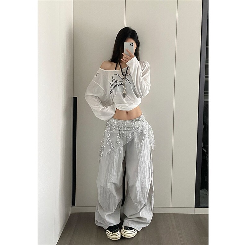 BabyStudios美式辣妹流苏亮片屁帘宽松运动裤女阔腿休闲伞兵裤夏,女装休闲裤,星座1210-1
