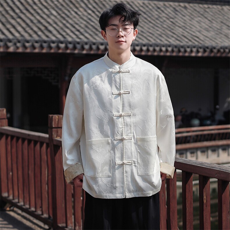 新中式新款2025小外套开衫长袖衬衫提花翻袖A021-KS513-P85控108,男装衬衫,电商A021