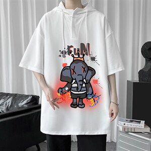 LD54221-P45 连帽短袖t恤男大码胖子带帽五分袖中袖图片