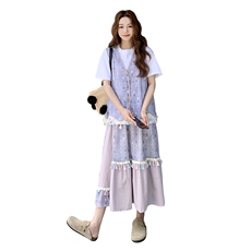 紫色巨好看流苏马甲套装裙女2025夏季新款设计感T恤半身裙三件套，女装套装/套裙，2C317