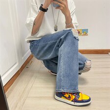 新款男女高街破洞宽直筒个性潮牌牛仔裤长裤子NZ689批45控68，男装牛仔裤，星座715