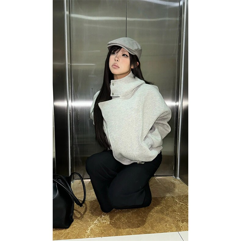 抖音得物品质26春装美式重磅结构斜拉链高领连帽卫衣开衫外套W61,女装短外套,电商A486-1