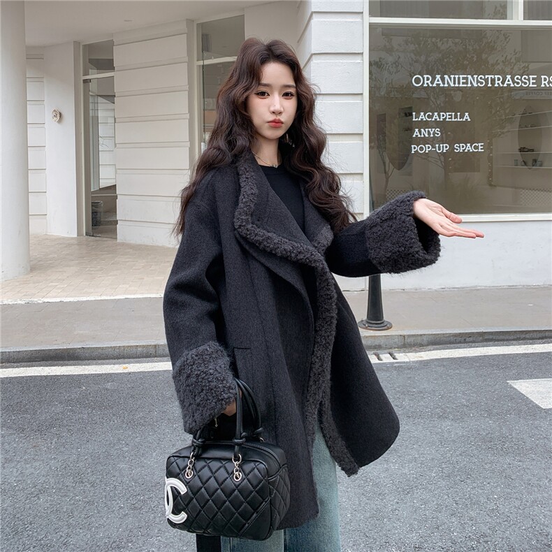 现货！韩版大翻领中长款双面羊毛呢大衣女外套2C325-598P315K458,女装毛呢外套,2C325