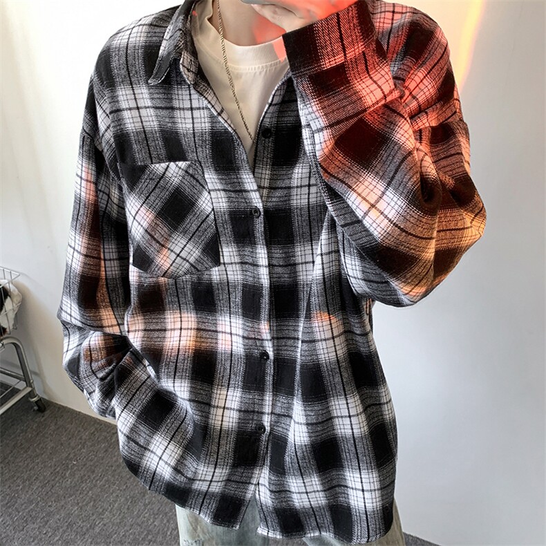 衬衫男秋季新款港风宽松大码磨毛格子长袖衬衣CS6638-特P29,男装衬衫,星座214-3