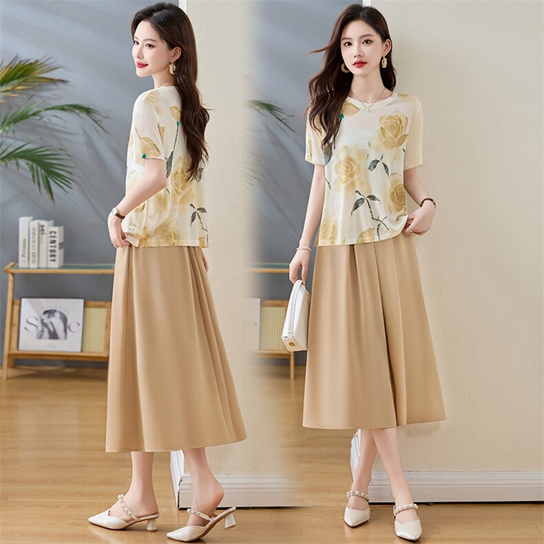 轻熟风气质时尚套装裙女2025夏新款印花短袖上衣半身裙休闲两件套，女装套装/套裙，欣贝拉