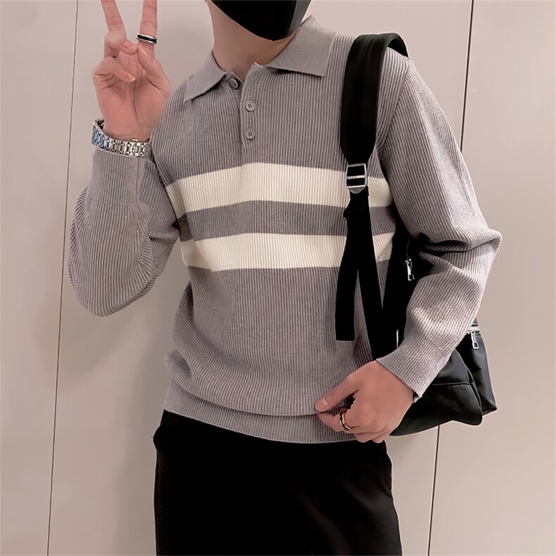 LV291/P85控115美式Polo领男款针织衫毛衣冬季条纹百搭打底衫黑首,男装T恤,星座305B